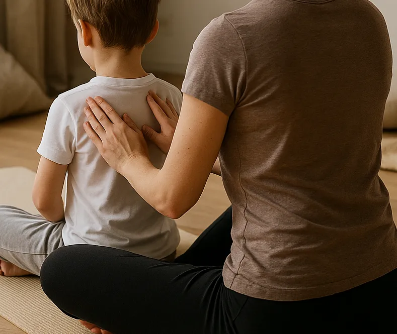 Atelier massage parent-enfant : un enfant masse le dos de son parent